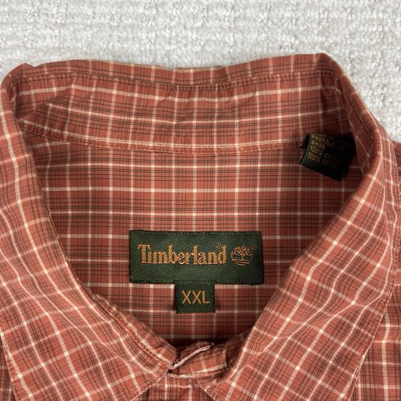 Timberland Men's 2XL Button Down Long Sleeve Orange Gingham Plaid Shirt Vintage - Picture 9 of 16